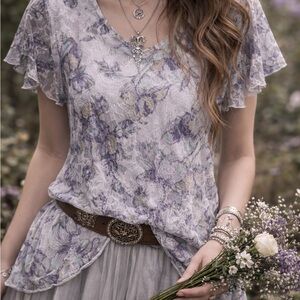 Whimsigoth Fairycore Floral Lace Tunic Top Purple Sheer Romantic Boho Blouse L